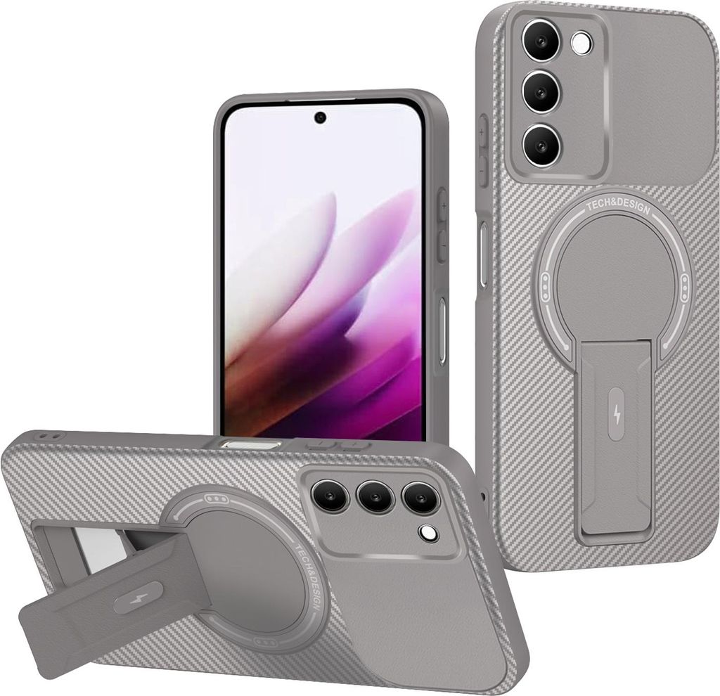 Hülle für Xiaomi Redmi 15 4G Magnetisch Carbonfaser Design TPU Hybrid Handyhülle mit Ständer Grau