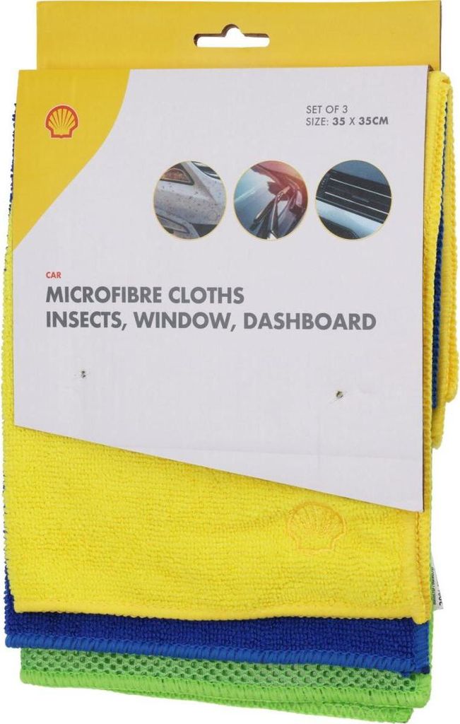 Shell Mikrofasertücher 3er Set 35x35 cm – Reinigungstücher für Auto, Haushalt & Büro, fusselfrei, bunt