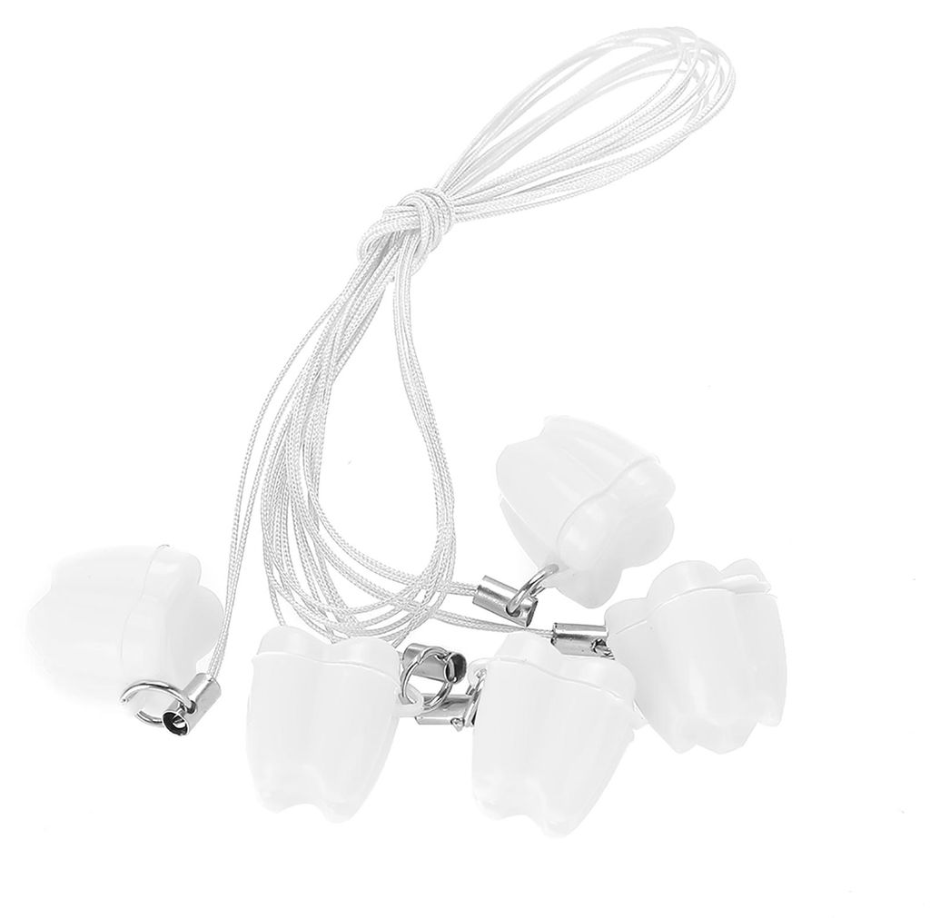 5er-Pack Aufbewahrungsboxen für Milchzähne aus Kunststoff mit Zahnschoner-Ketten, weiß