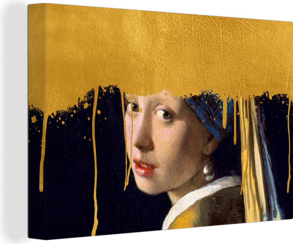 OneMillionCanvasses - Leinwandbilder - 150x100 cm, Mädchen mit einem Perlenohrring - Gold - Vermeer, Wandbilder Kunstdruck Wanddekoration - Foto...