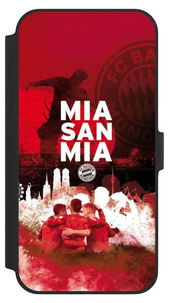 NIVOCASE Klapphülle für Apple iPhone 14 Plus Handyhülle aus Kunst Leder NIVOflip schwarz FC Bayern München FCB Mia San Mia