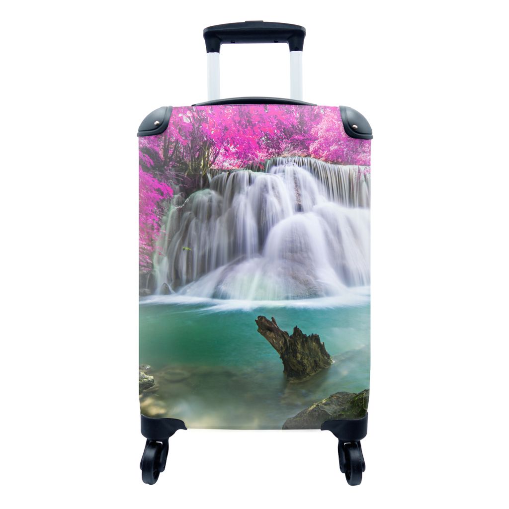 MuchoWow Koffer Handgepäck Trolley Rollkoffer Kleine Reisekoffer mit 4 Rollen - Wasserfall - Rosa - Bäume - Cabin Size < 55x40x23 cm & 55x40x20...