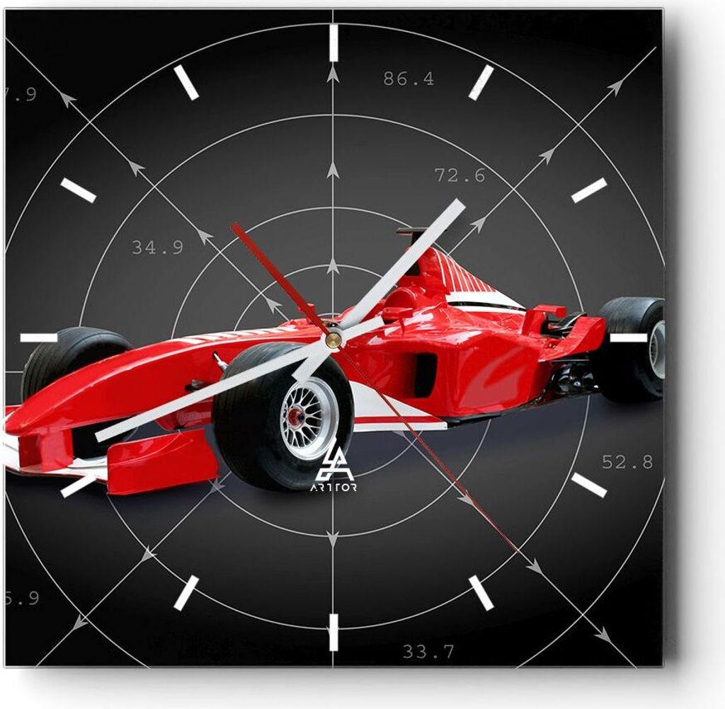 Wanduhr - Quadrat - Glasuhr - Formel F1 Auto Geschwindigkeit - 40x40cm - Schleichendes Uhrwerk - Lautlos - zum Aufhängen bereit - Dekoration Moder...