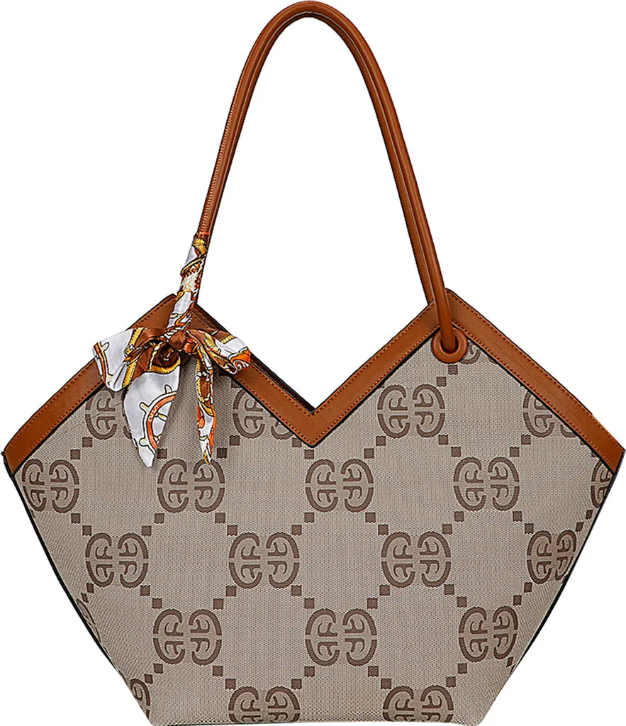 Sac à main marron à motifs géométriques et son écharpe satinée Gallantry
