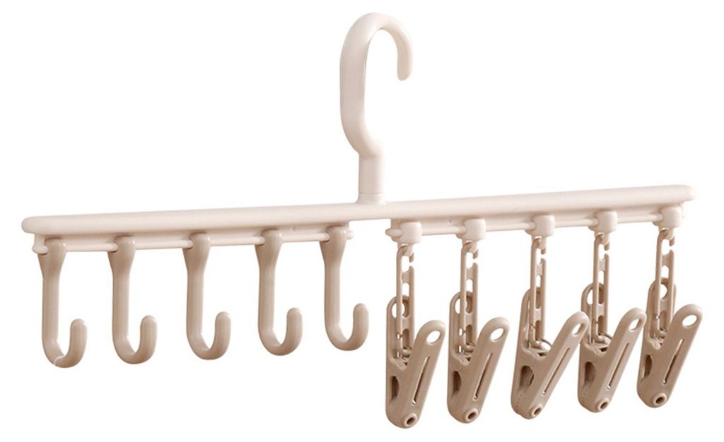 Kleiderbügel-Organizer mit verstellbarem Abstand, 5 Clips und 5 Haken, ideal für Socken, Baseballkappen, Handtücher, Babykleidung und mehr.