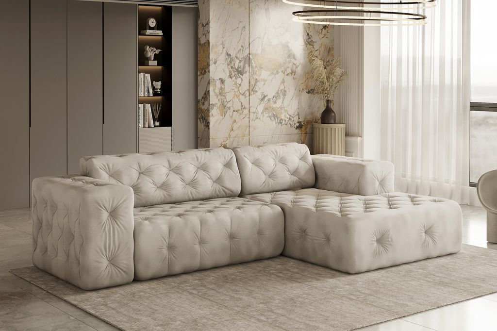 Kaiser Möbel Ecksofa, stark gesteppt, weich, elegant LUX stoff Whisper Rechts Creme