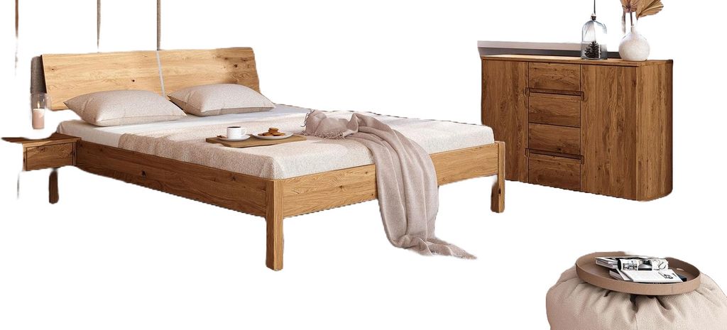 Bett Bento 9 aus Wildeiche massiv 200x200 cm mit Holzkopfteil und Holzbeinen