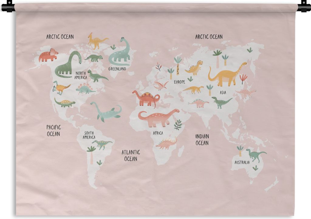 MuchoWow Wandteppich Wandbehang Weltkarte - Kinder - Dino 90x67.5 cm Tapisserie Dekoration Wandtuch - Fototeppich - Wand-Skulpturen