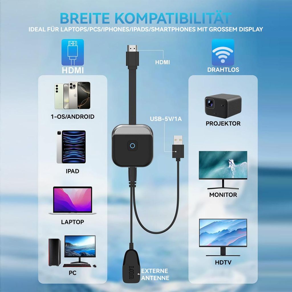 Dongle HDMI Wireless CLIUNT A 2.4/5 GHz – Miracast Per 4K E 1080p, Compatibile Con Android, IOS, Windows – Supporta AirPlay E DLNA, Plug-and-play Senza Driver