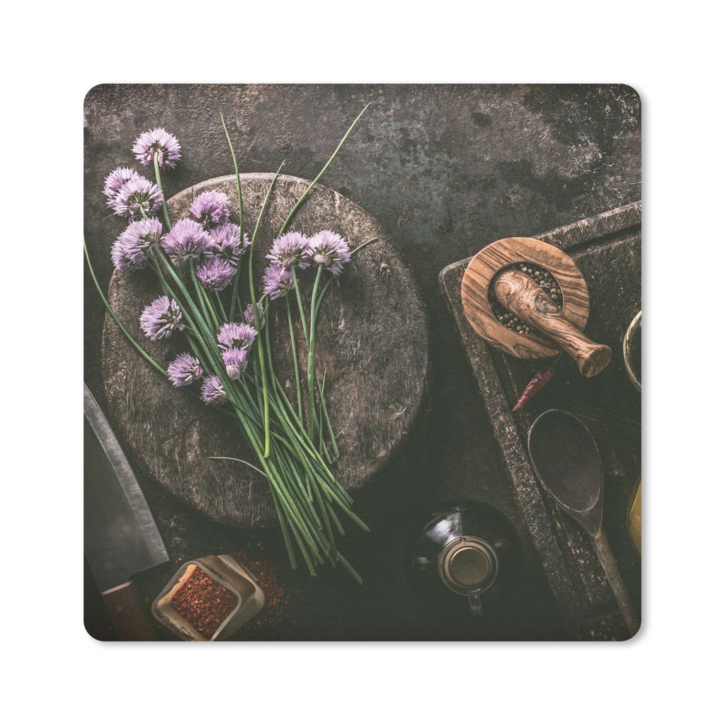 MuchoWow Mauspad Mousepad Schnittlauch - Küche - Mörser - Rustikal - Kräuter - Lila 20x20 cm - Mousepads - Maus Mat - Pad - Mausunterlage - De...