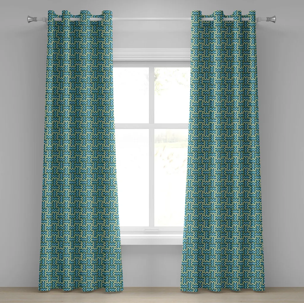 ABAKUHAUS Tenda con occhielli astratta, motivo simmetrico con strisce etniche ondulate color uva, tende decorative a 2 pannelli, 280 cm x 225 cm, verde chiaro, azzurro, verde acqua