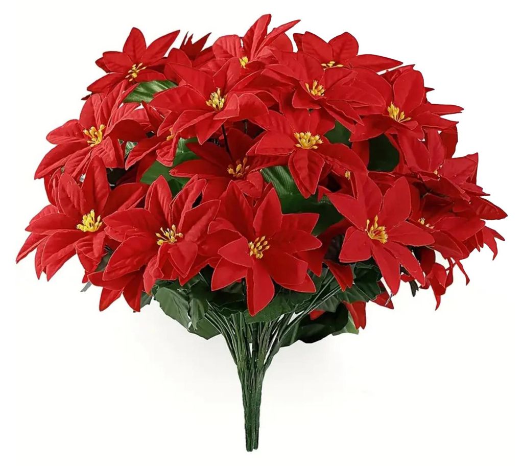 Künstlicher Weihnachtssternstrauß mit grünen Blättern, 4 Zweige, UV-beständig, künstliche Seidenblume, Tischdekoration für drinnen und draußen