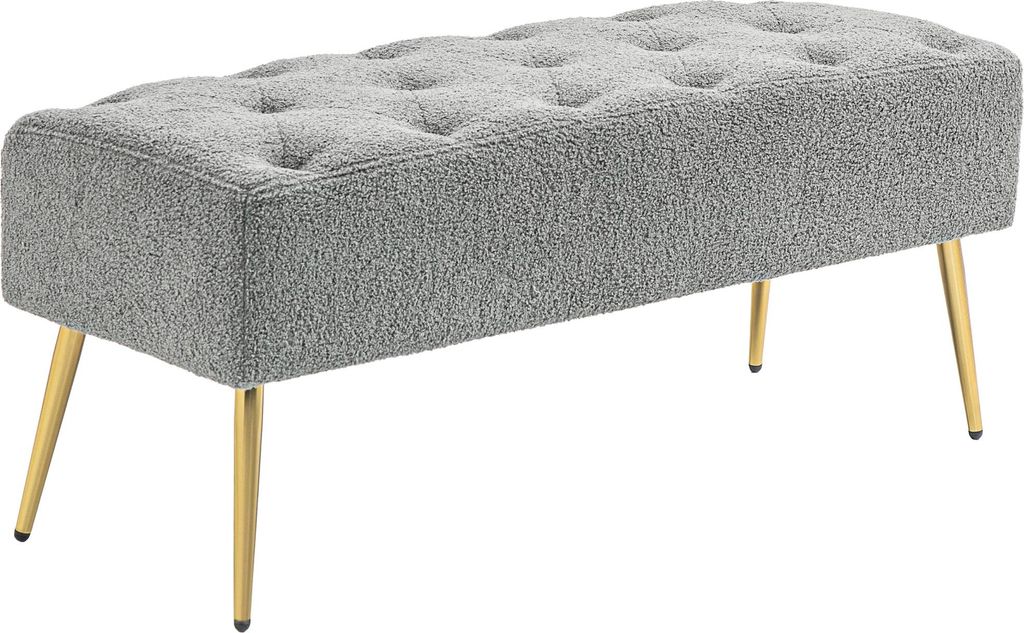Bettbank, Sitzbank, weicher Bezug in Lammwoll-Optik, bis 120 kg, vergoldete Stahlbeine, 112x41x46cm, Grau