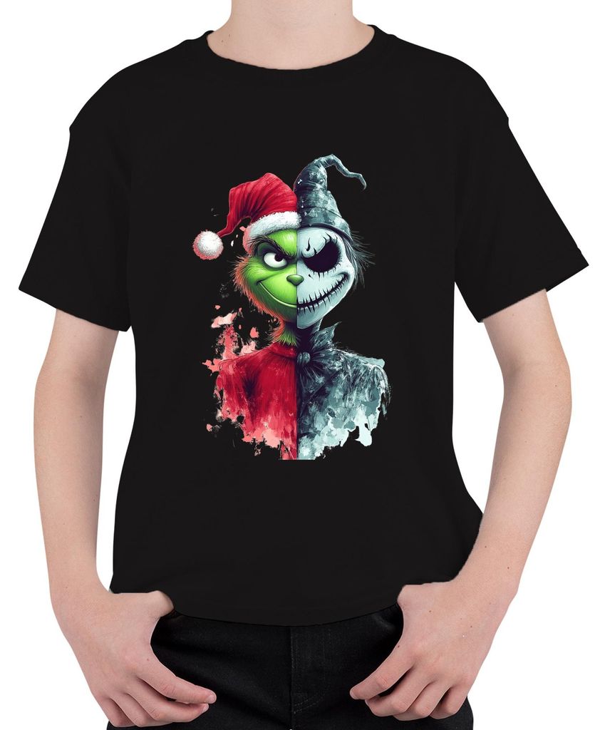 Grinch Jack Skellington Halb Gesicht Weihnachten Horror Vintage Uni Kinder T-Shirt, Schwarz, 128