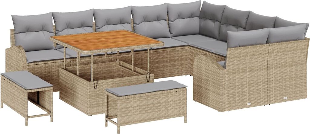 Langlebige 12-teiliges Garten-Sofa-Set mit Kissen in Beige aus Poly-Rattan, Akazie, 2-Sitzer Garten-Sofa mit Stauraum & Kissen in Beige aus Poly-Ra...