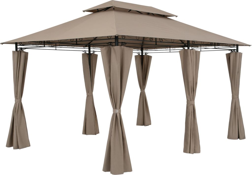 A taupe-colored gazebo with curtains, presented on a white background.