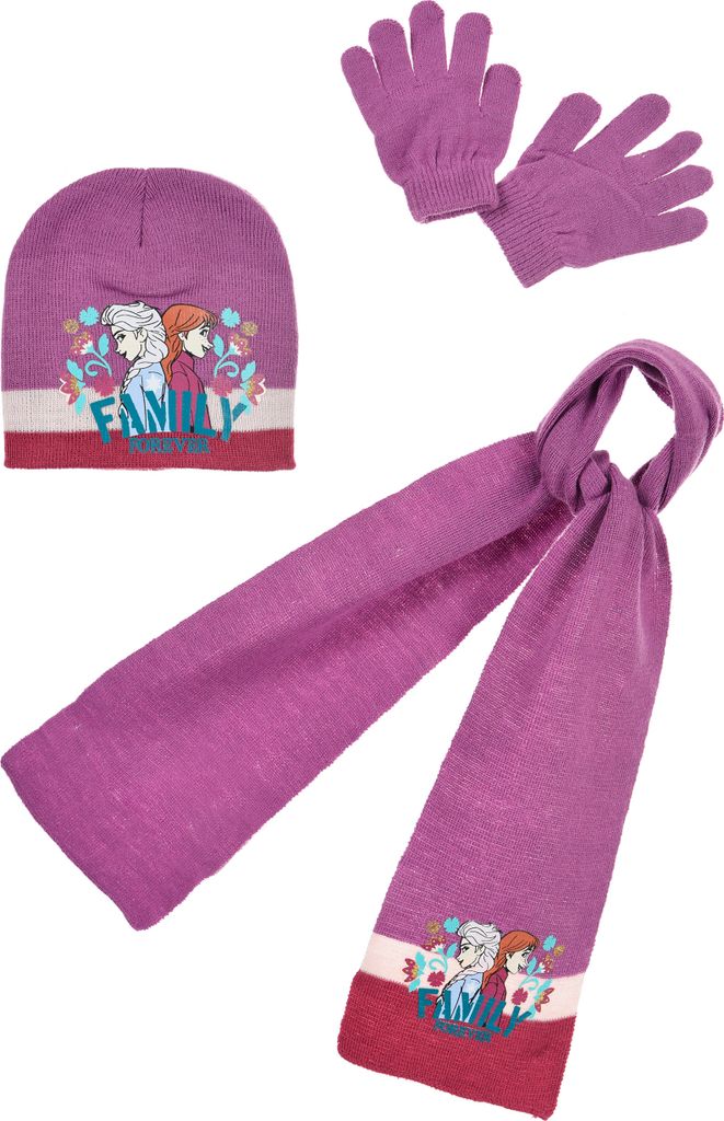 Frozen - Die Eiskönigin Anna Elsa Kinder Winter-Set 3 tlg. Mütze, Schal & Handschuhe , Farbe:Lila, Größe:52
