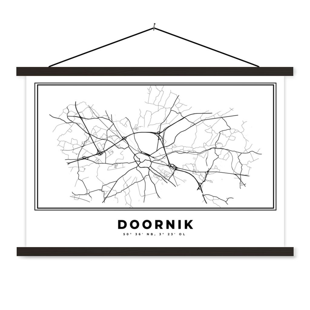 MuchoWow Textilposter Stadtplan - Schwarz und weiß - Tournai - Belgien - Karte 90x60 cm mit schwarzem Rahmen - Aufhängungssatz