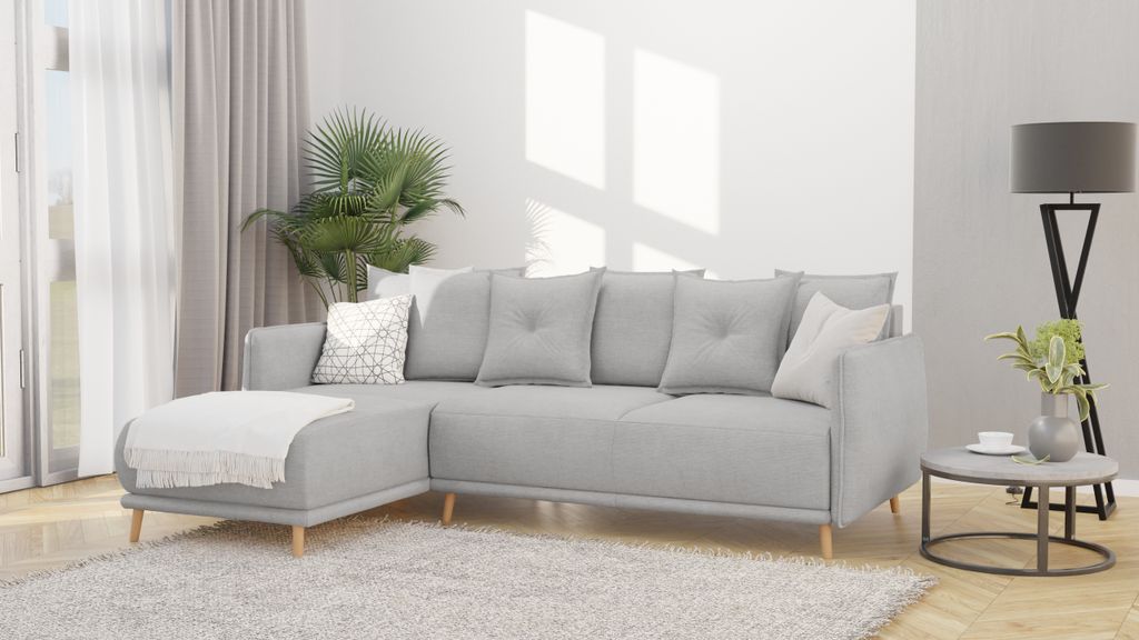 S-STYLE MÖBEL -Radiant - Ecksofa mit Schlaffunktion und Bettkasten in scandinavischem Design mit Holzfüßen aus Silber Luxusmicrofaser - Ottomane...