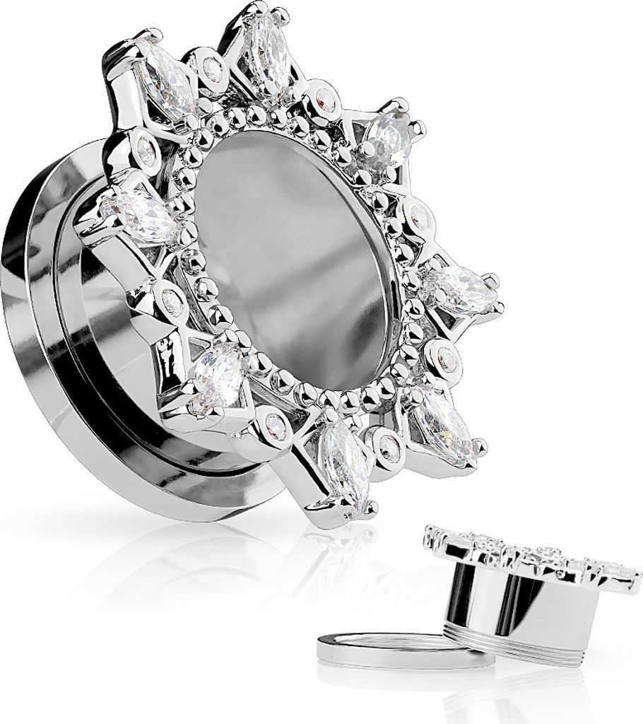 Flesh Tunnel Plug Edelstahl Tribal Stern Zirkonia Kristalle Ohr Piercing Ohrstecker Screw Fit silber 16 mm