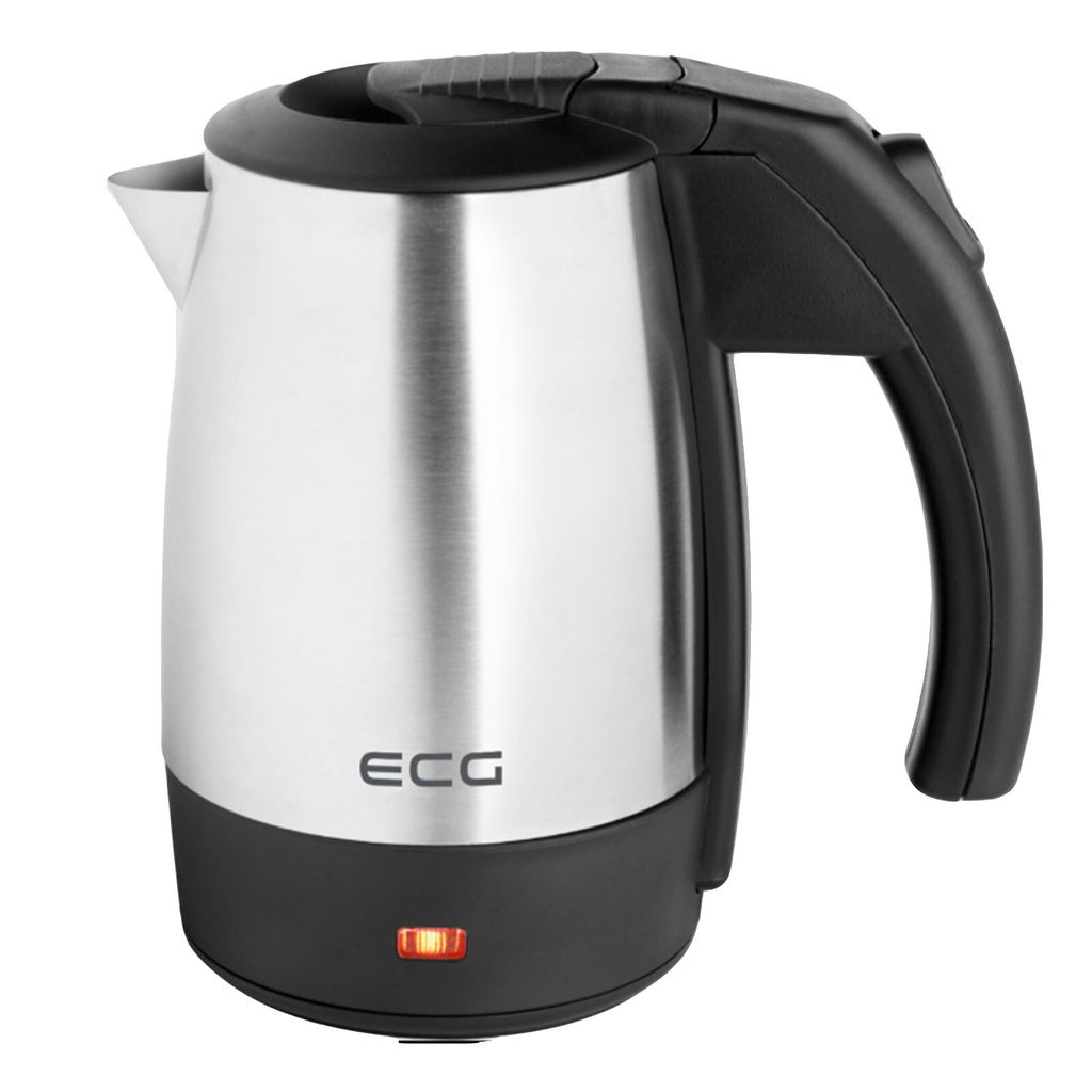 A studio shot of a silver and black electric kettle.