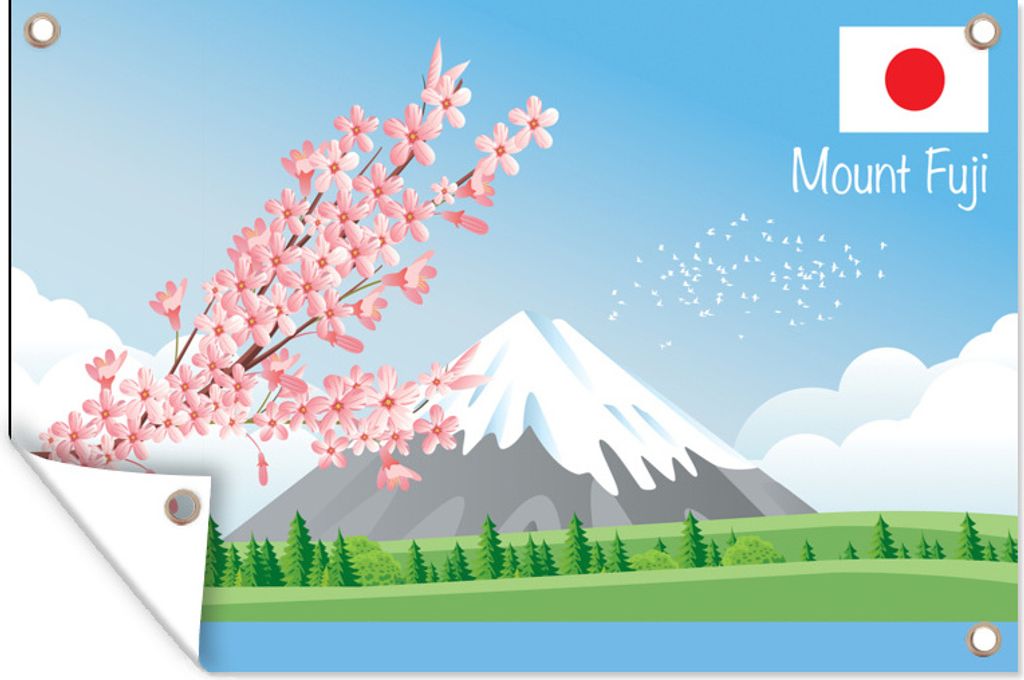 MuchoWow 120x80 cm Outdoor-Poster Gartendeko Sichtschutz Garten Poster für den Garten Eine Illustration des Berges Fuji im Frühling