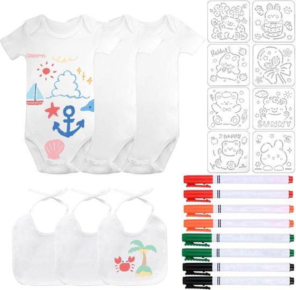 Katoenen 3-delige DIY-schmuckset mit kurzen Ärmeln, 37x19cm, weiß, für Mädchen, 6 Monate, inkl. 8 Textilstiften und 8 Schablonen