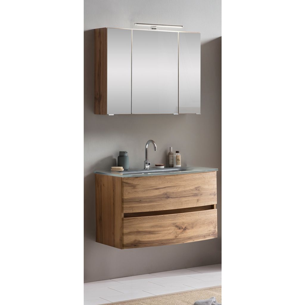 Badezimmer Waschtisch Set in Wotaneiche Nachbildung LAURIA-03 mit Spiegelschrank 80 cm inkl. Beleuchtung, BxHxT: ca. 80x200x49 cm