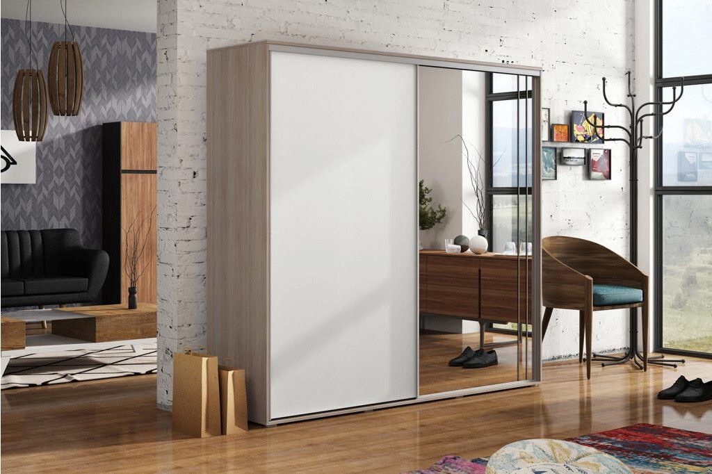 Geräumiger Kleiderschrank mit Spiegel 200/245 HUGO – Eiche Sonoma / weiß