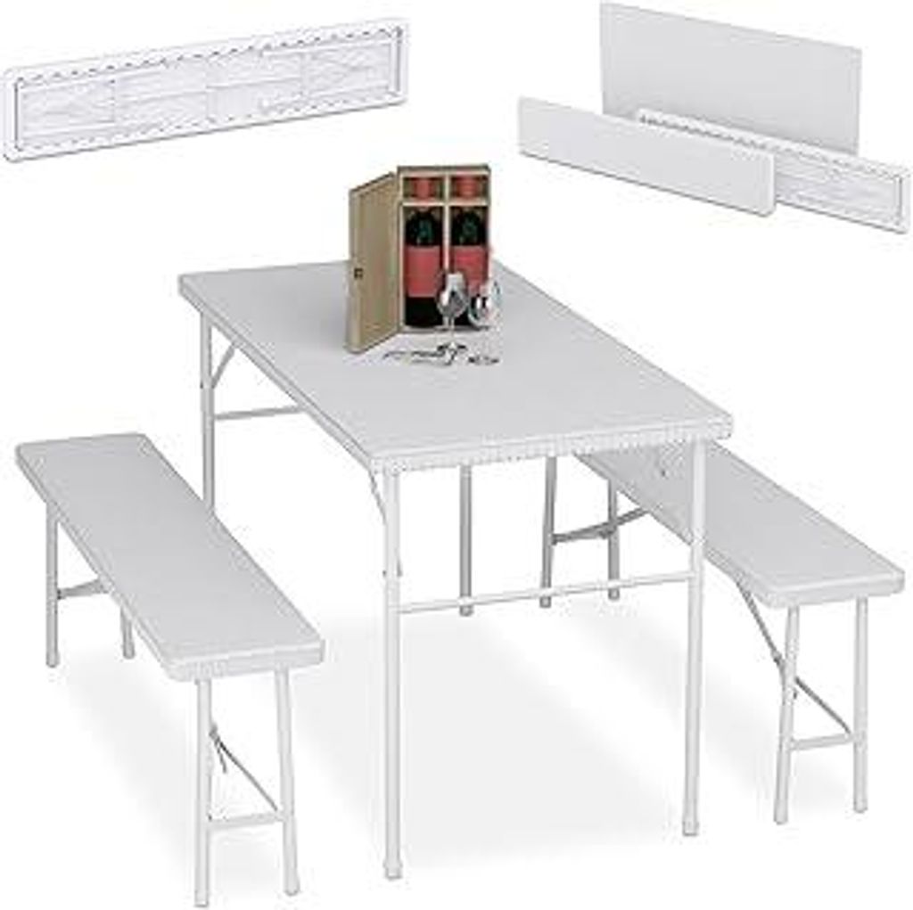 Bierzeltgarnitur klappbar, 3-TLG. Bierbank Set mit großem Tisch, Garten, Festzeltgarnitur, Rattanoptik, weiß
