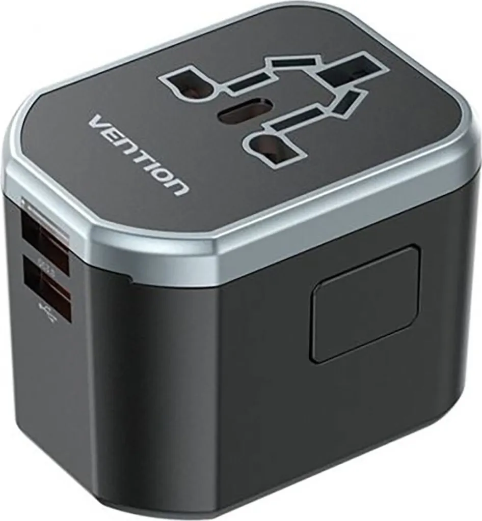 Adaptateur de voyage universel noir avec 3 ports USB-C et USB-A 20W