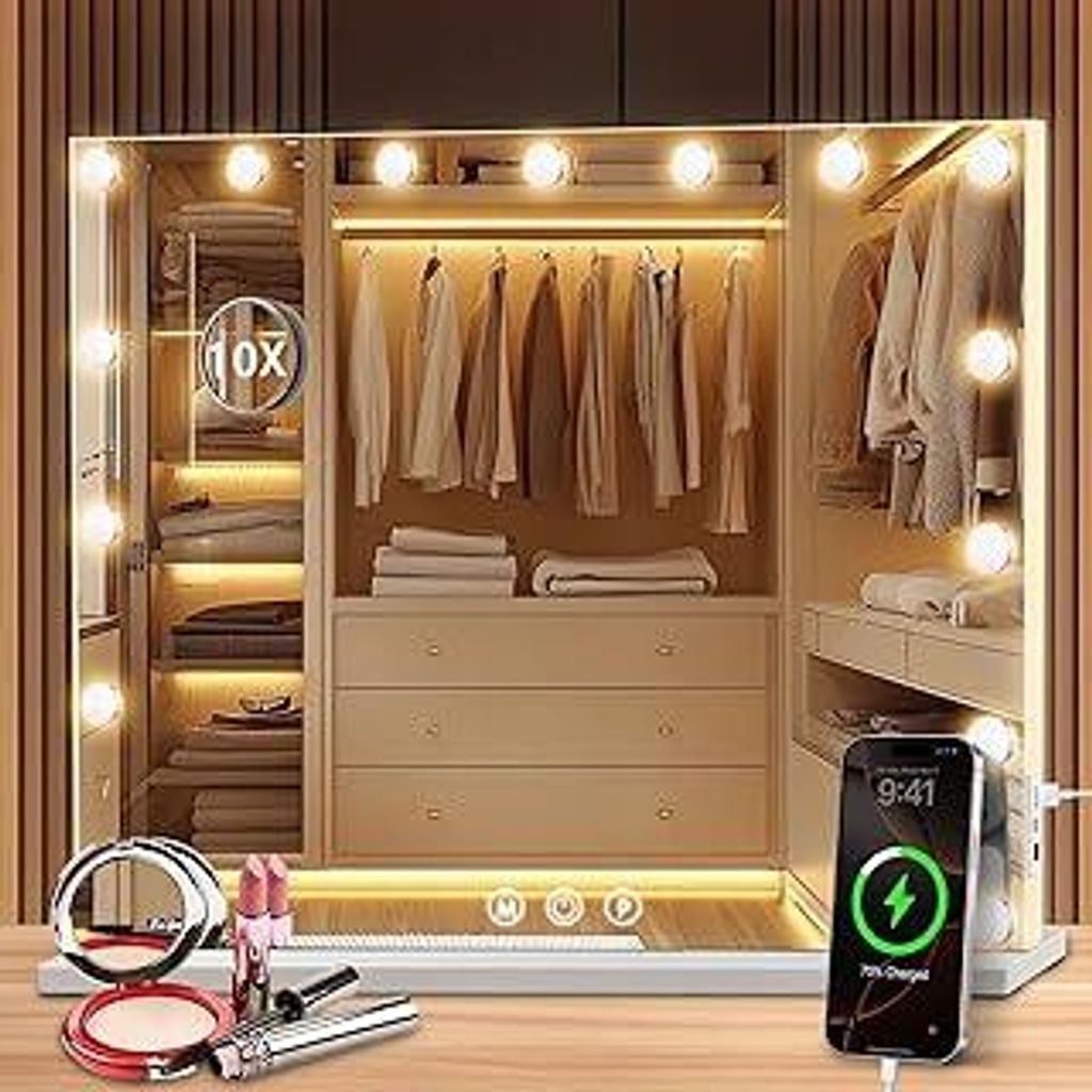 Puranex Hollywood Spiegel Schminkspiegel mit Beleuchtung, Kosmetikspiegel 58 x 46 cm, 15 LED Mirror Super HD für Make-up, 3 Lichtfarben Dimmbar To...
