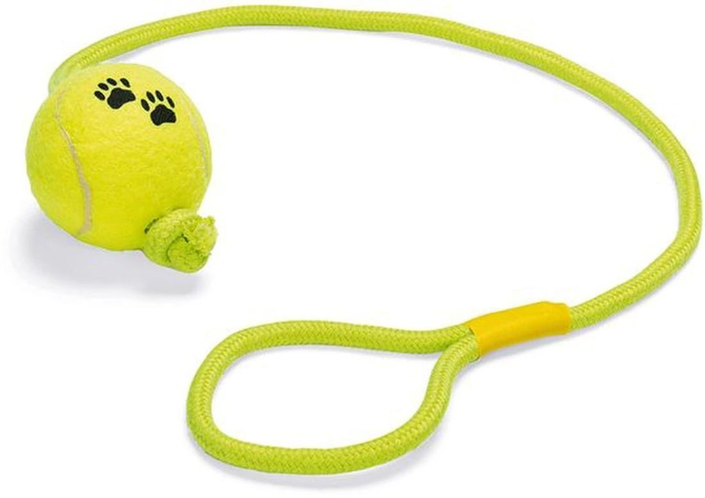 Hundespielzeug mit Werfhammer und Gummi-Tennisball in Gelb