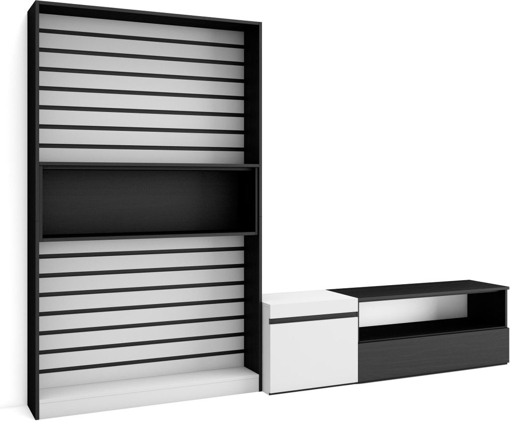 Wohnwand Wohnzimmer, 260x35x186cm, Für TV-Geräte bis zu 65", Wohnzimmer Möbel, Weiß und Schwarz