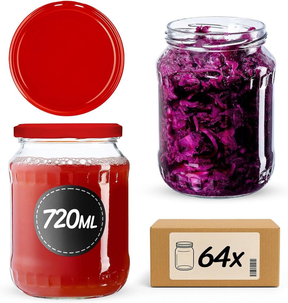 KADAX Einmachgläser mit Deckel "Jukka", Marmeladengläser, Einweckgläser, 720 ml, Rot, 64 Stück