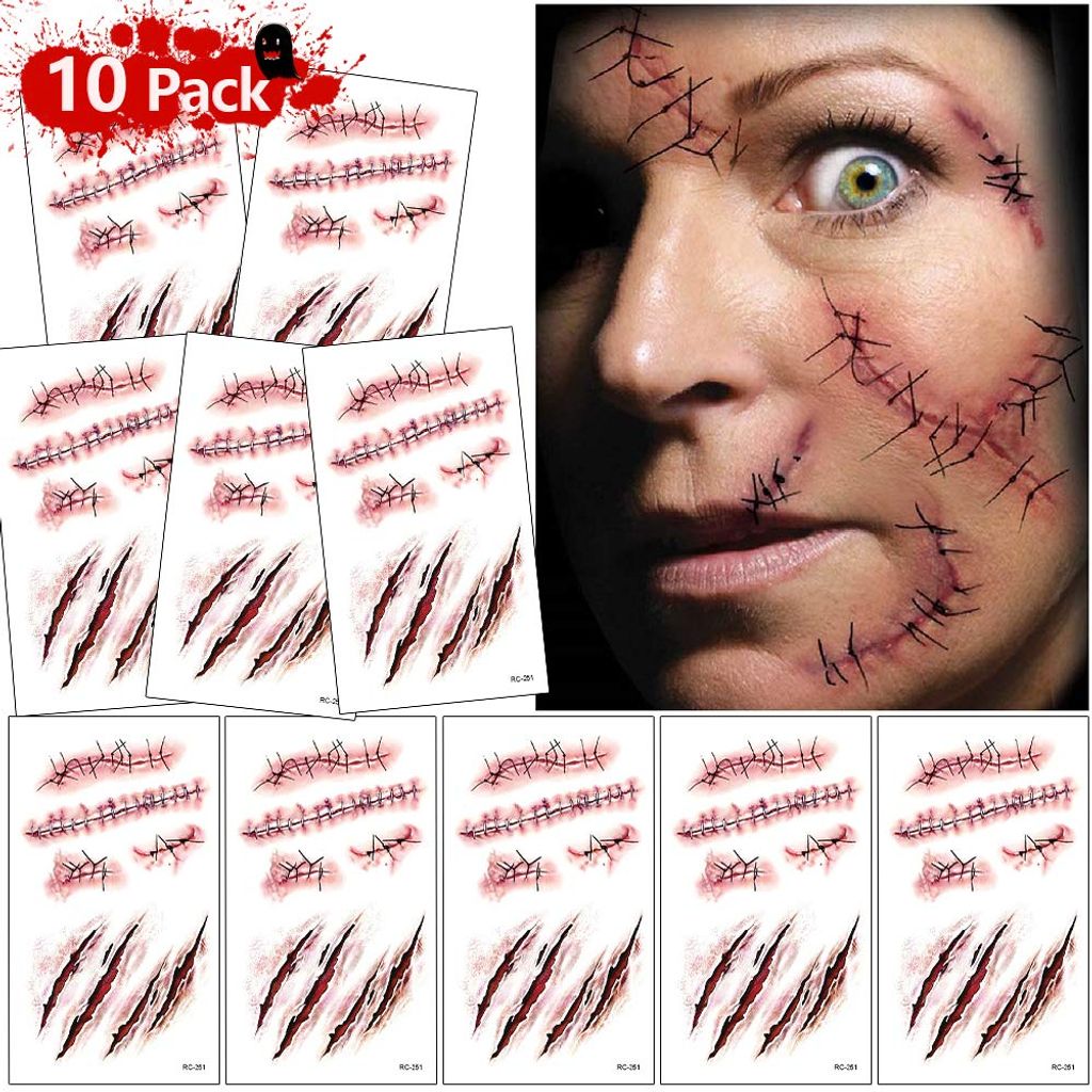 Temporäre Tattoos Halloween Zombie Narben Tattoos Scars Aufkleber mit gefälschten Scab Blut Scars Kostüm Makeup Aufkleber (10 Blatt)
