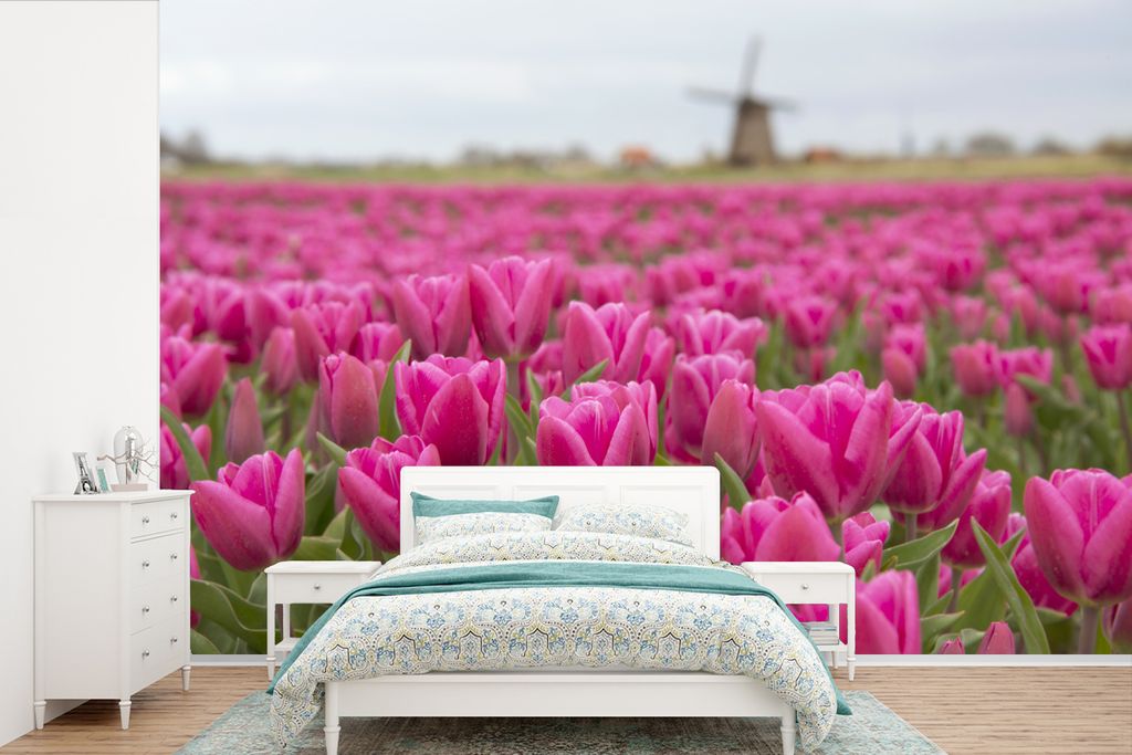 MuchoWow Fototapete für Wohnzimmer oder Schlafzimmer Wandtapete Vinyl Motivtapete Rosa Tulpen und Windmühle - 420x280 cm - Zimmer für Kinder