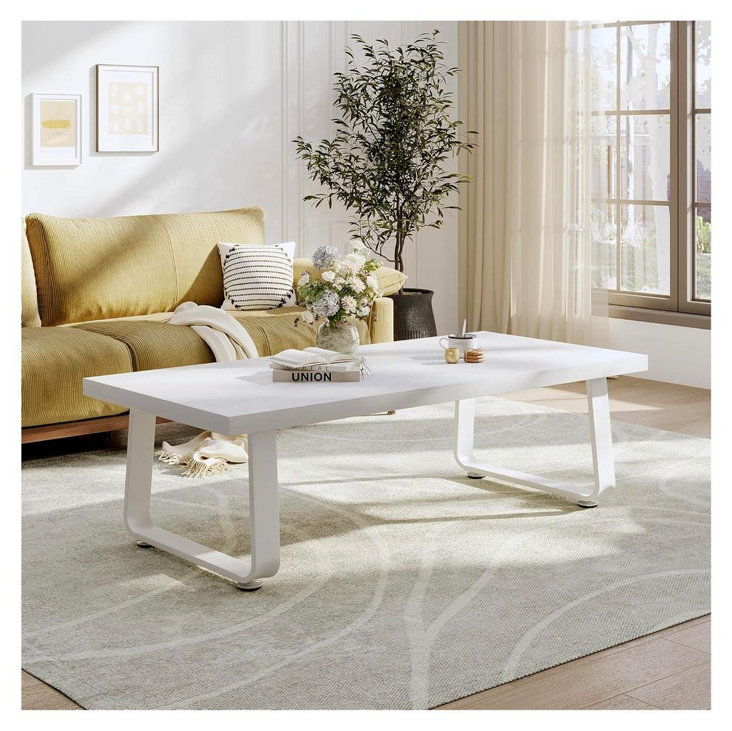 Couchtisch Weiß aus Holz mit Metallgestell, modernes Design für Wohnzimmer, Beistelltisch, 120B x 55T x 46.5H cm