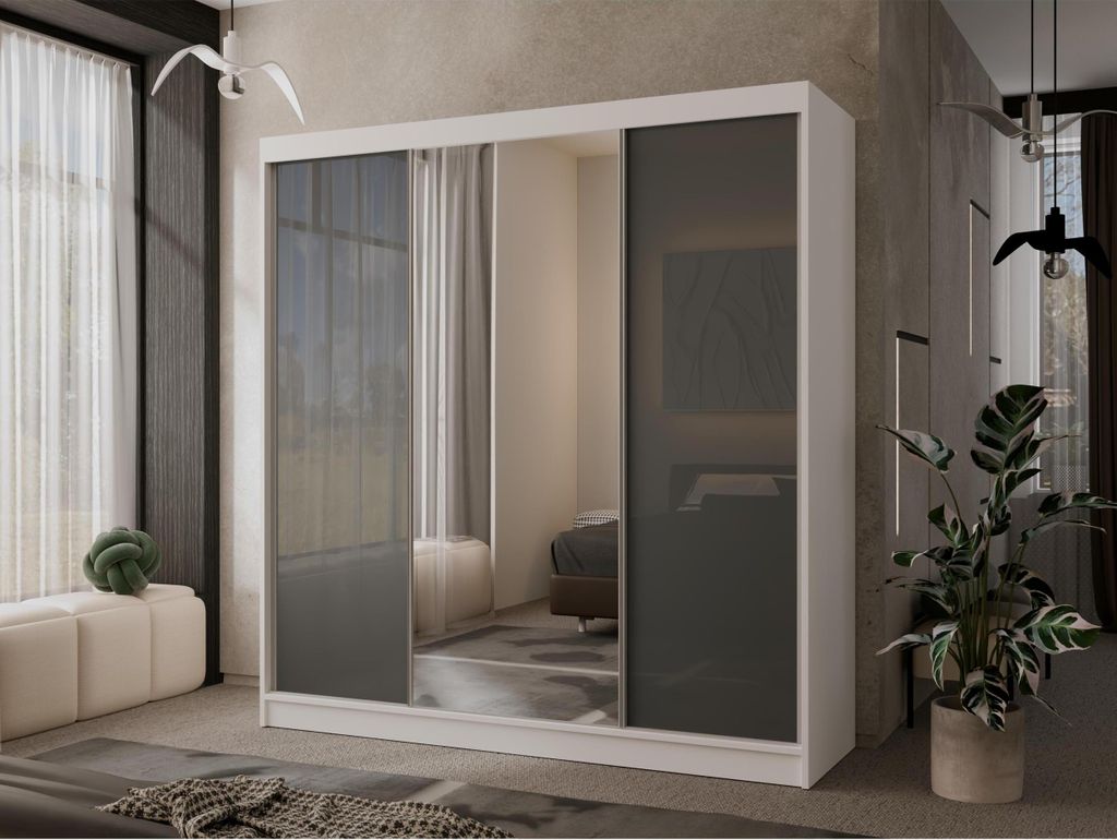 Spiegelschrank mit 4 Schubladen Mallorca 200 cm Garderobenschrank mit Hochglanz modernes 3-türig Schiebetürenschrank, Farbe: Weiß, Hochglanz: Grau