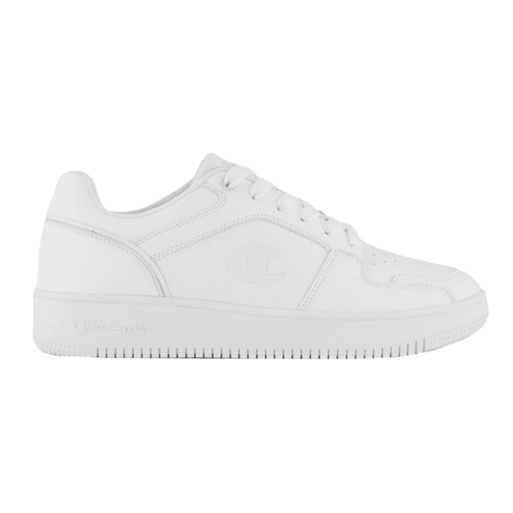 A white Champion Rebound 2.0 Low sneaker shown from the side.