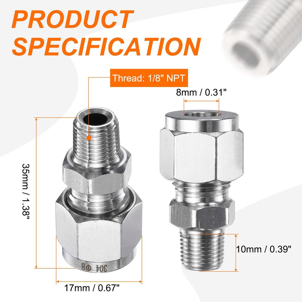 2 Stk Edelstahl Kompressionsrohr Verschraubung 8mm OD x 1/8" NPT Gewinde M?nnlich Gerade Kupplung Adapter Rohrfitting Klemmringverschraubung fš¹r...