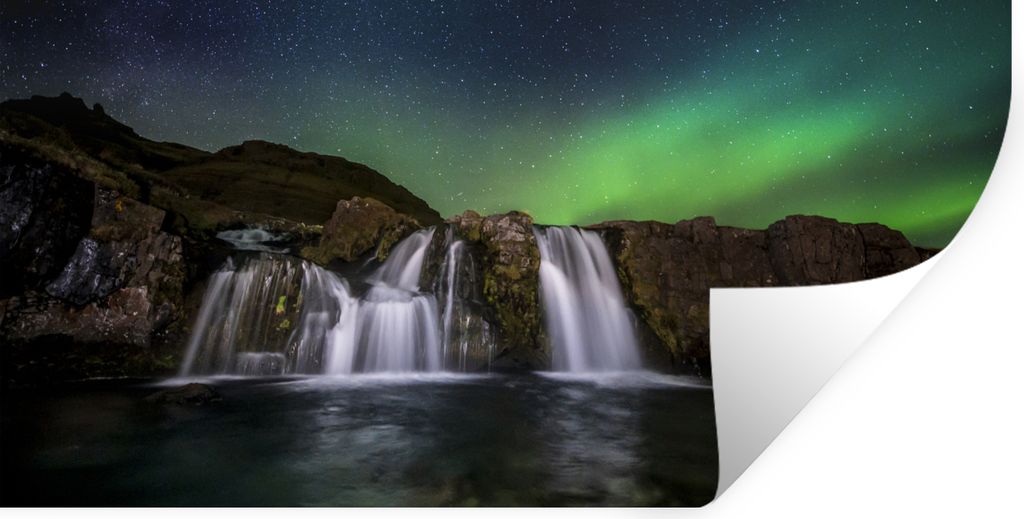MuchoWow Wandtattoo Wandsticker Wandaufkleber Nordlicht - Wasserfall - Island - Natur 40x20 cm Selbstklebend und Repositionierbar - Aufkleber
