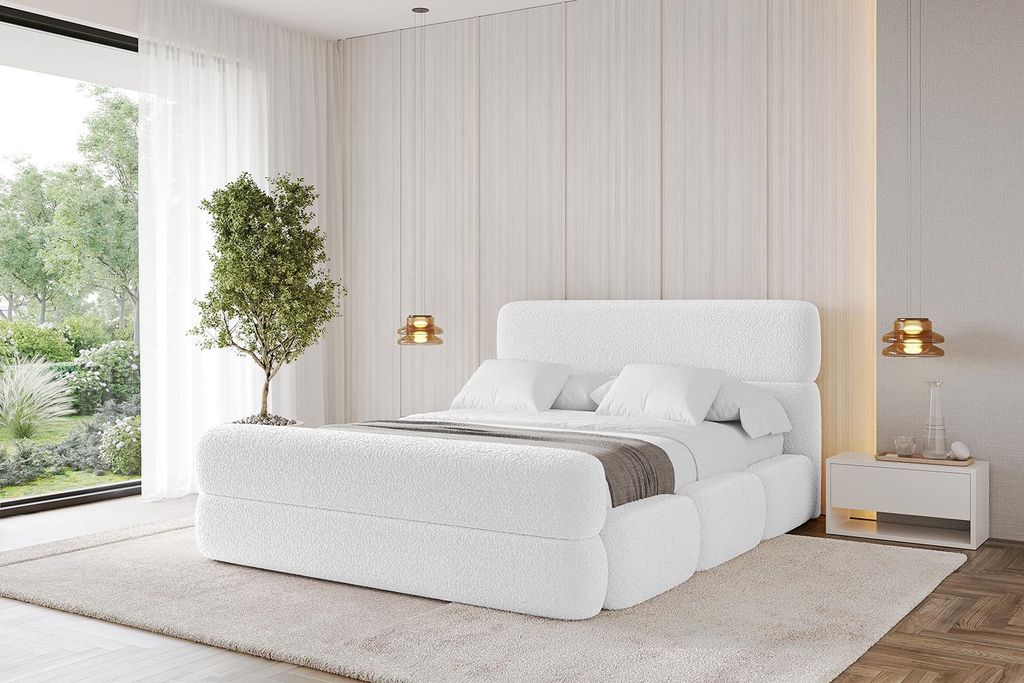 ALTDECOR Polsterbett mit Bettkasten - ELVA-Z 200x200 Weiß - Bett mit Kopfteil und Fußteil, Boxbett ohne Matratze, Doppelbett mit Stauraum