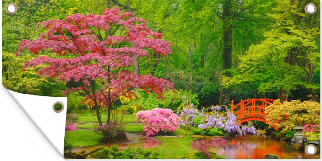 MuchoWow 60x30 cm Outdoor-Poster Gartendeko Sichtschutz Garten Poster für den Garten Brücke - Japanisch - Botanisch - Bäume - Blumen