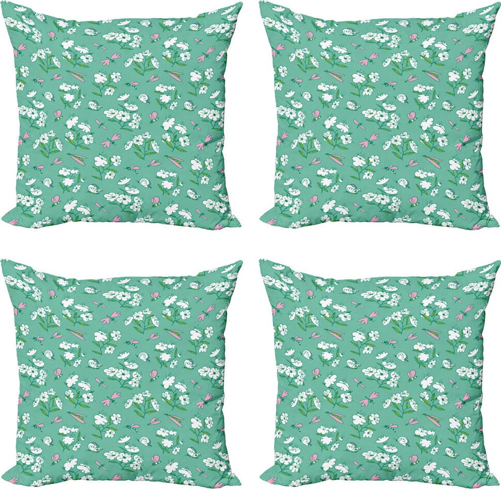 ABAKUHAUS Hipster Kissenbezug Set (4 Stück), Blooming Pflanzen Schmetterlinge, Moderner Doppelseitiger Digitaldruck, 60 cm x 60 cm, Seafoam Baby Pink