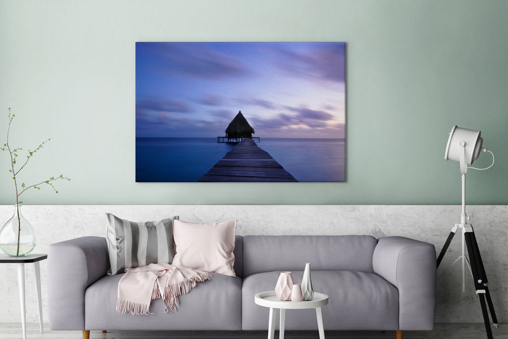 OneMillionCanvasses - Leinwandbilder - 140x90 cm, Eine Hütte auf dem Wasser am Glover's Reef in Belize, Wandbilder Kunstdruck Wanddekoration - F...