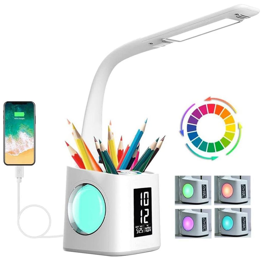 LED Schreibtischlampe,7-in-1 LED Tischlampe mit Stifthalter USB Ladeanschluss Kalender Uhr Nachtlicht dimmbar Kinder Leselampe