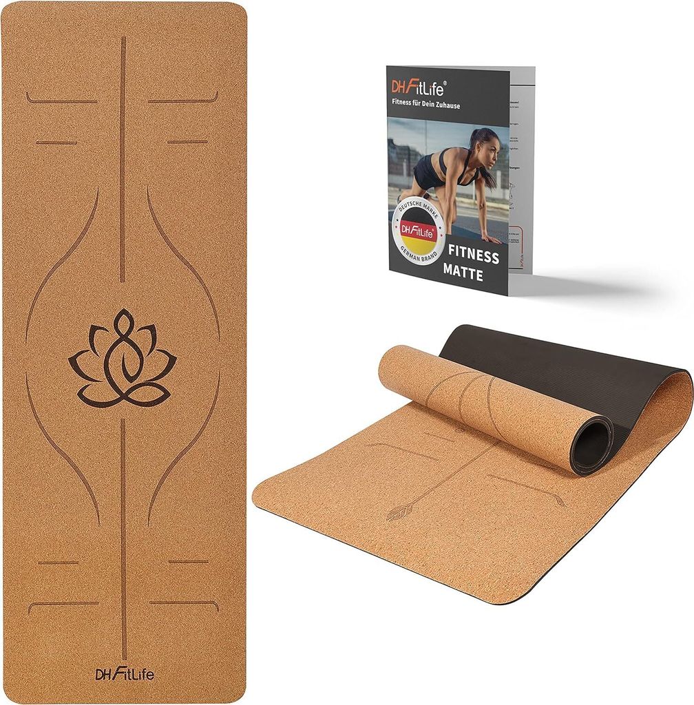DH FitLife Yogamatte aus Kork & TPE (kleiner Lotos), Gymnastikmatte 183 x 61 x 0,6 cm, Yoga mat Sportmatte Fitnessmatte rutschfest, Yoga Matte dick...