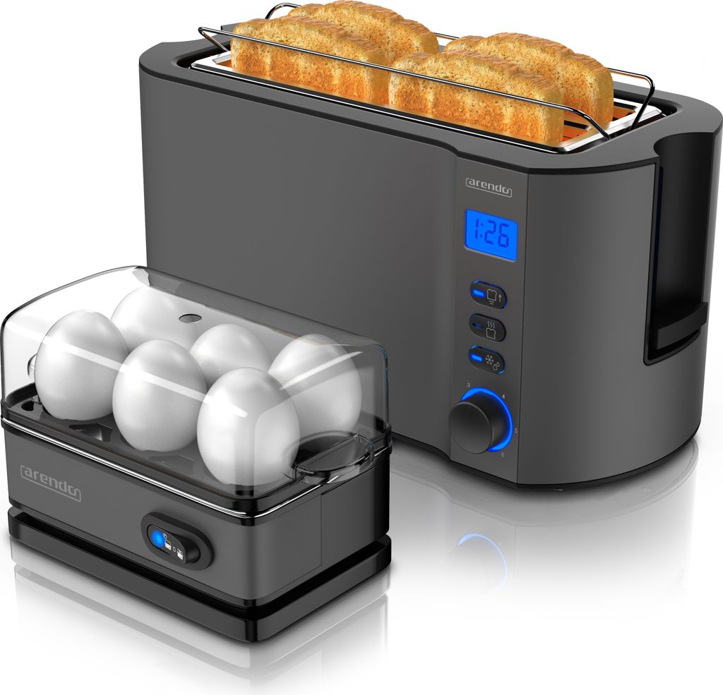 Arendo Frühstücks-Set, 6er Eierkocher SIXCOOK, Langschlitztoaster 4-Scheiben, Grau