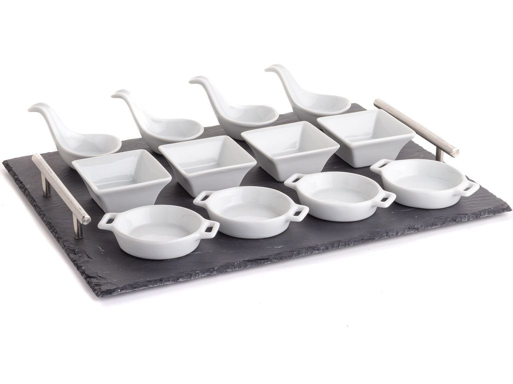 13 tlg.Vorspeise-Set Tablett Schiefer Häppchenlöffel Produktbild 
